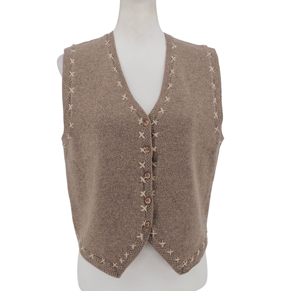 Vintage JHC‎ Shetland Wool Button Vest Medium Beige Blanket Stitch Cottagecore